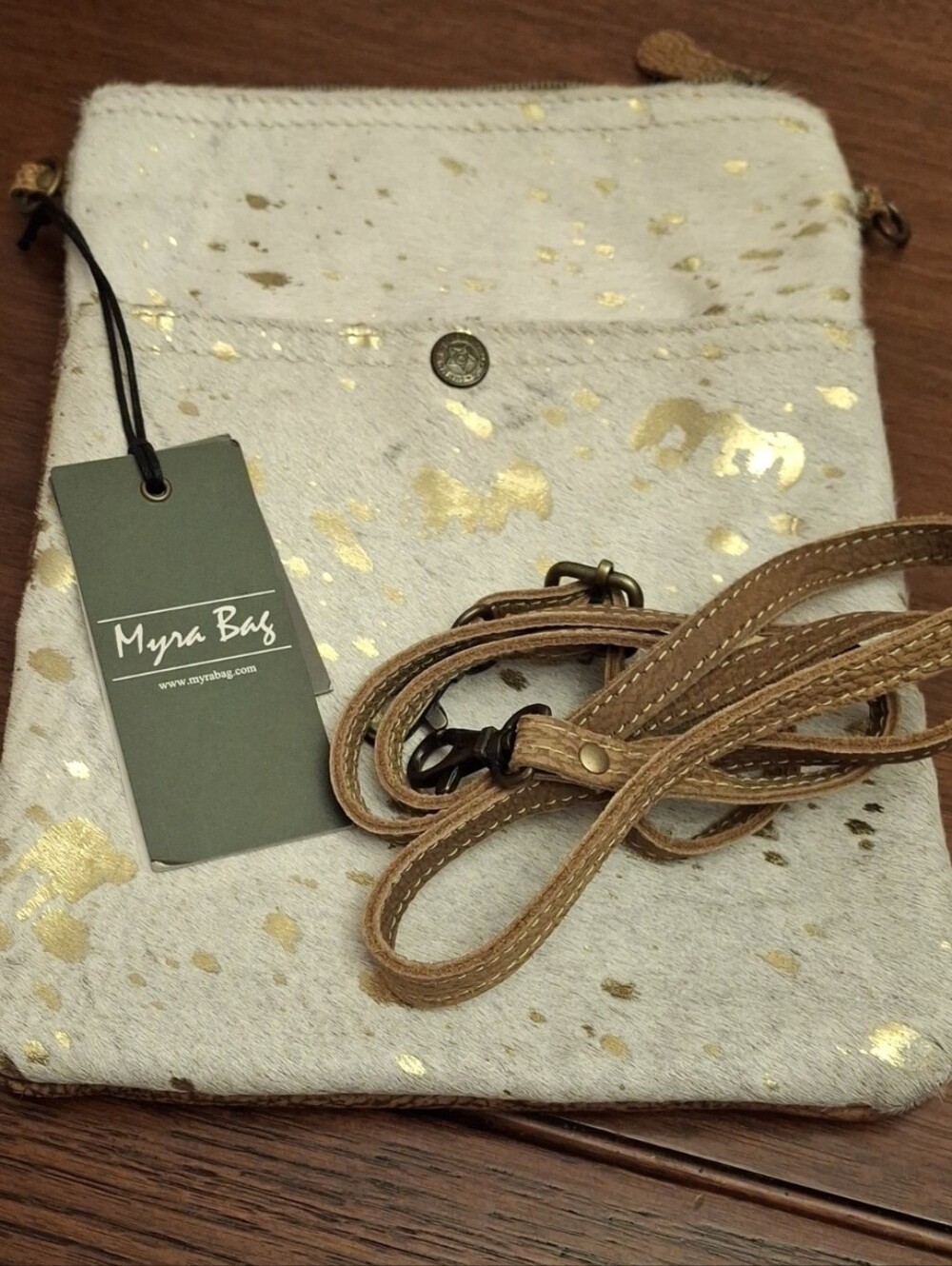 Myra Bag Gold-Splatter Cream Crossbody Bag NWT 8.5x10